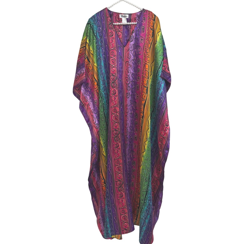 Vintage Winlar Rainbow Striped Kaftan Dress Boho Festival Resort Pride Maxi OSFM